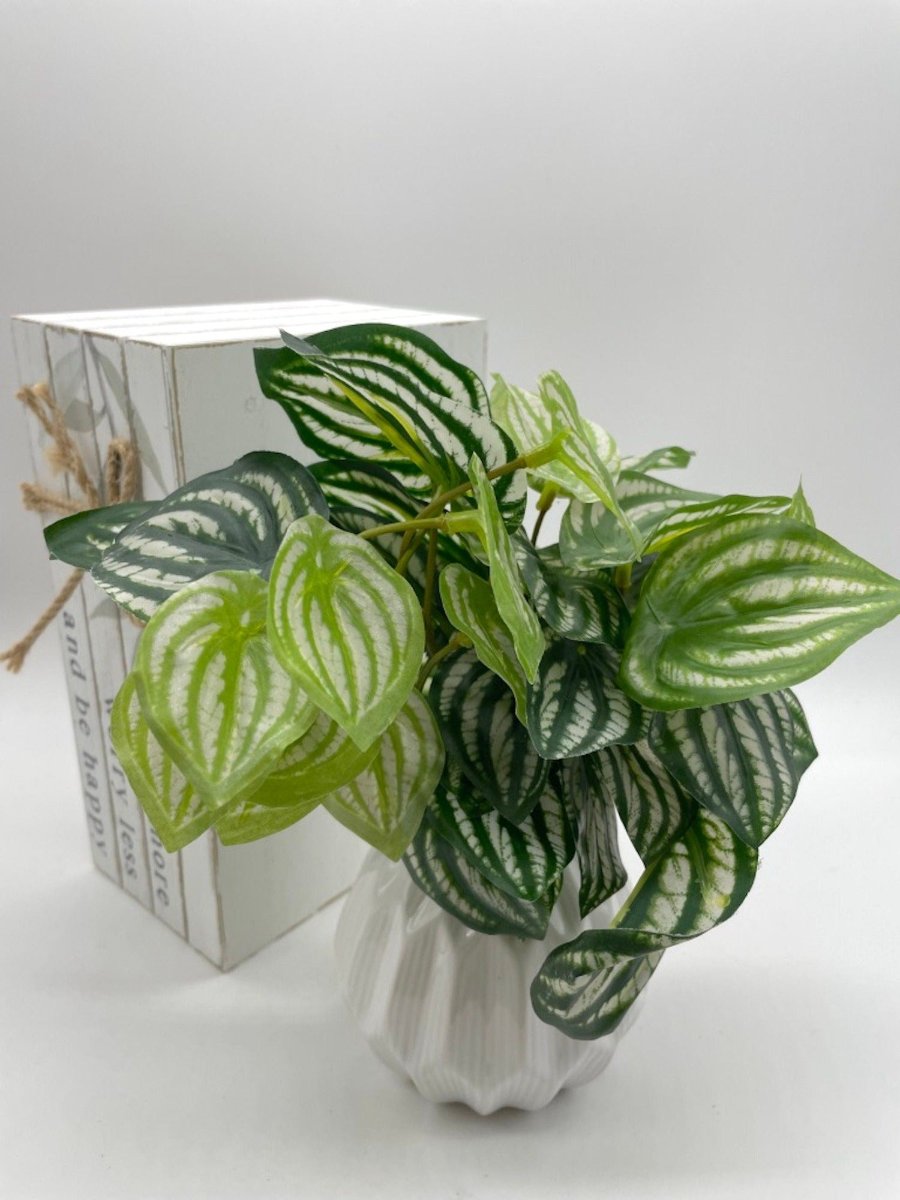Fake Plants Green-White Leaves in White Ceramic Vase 