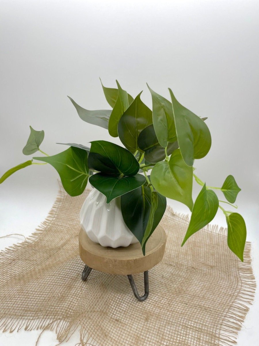 realistic looking vivid green Fake Plants in White Ceramic Vase
