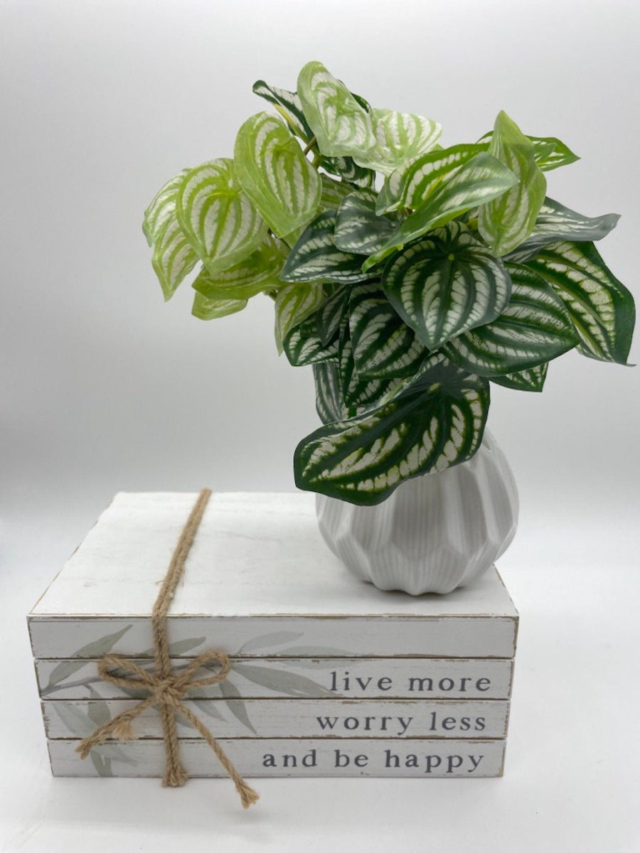 Fake Plants with oval green leaves and white stripes in White Geometric Vase