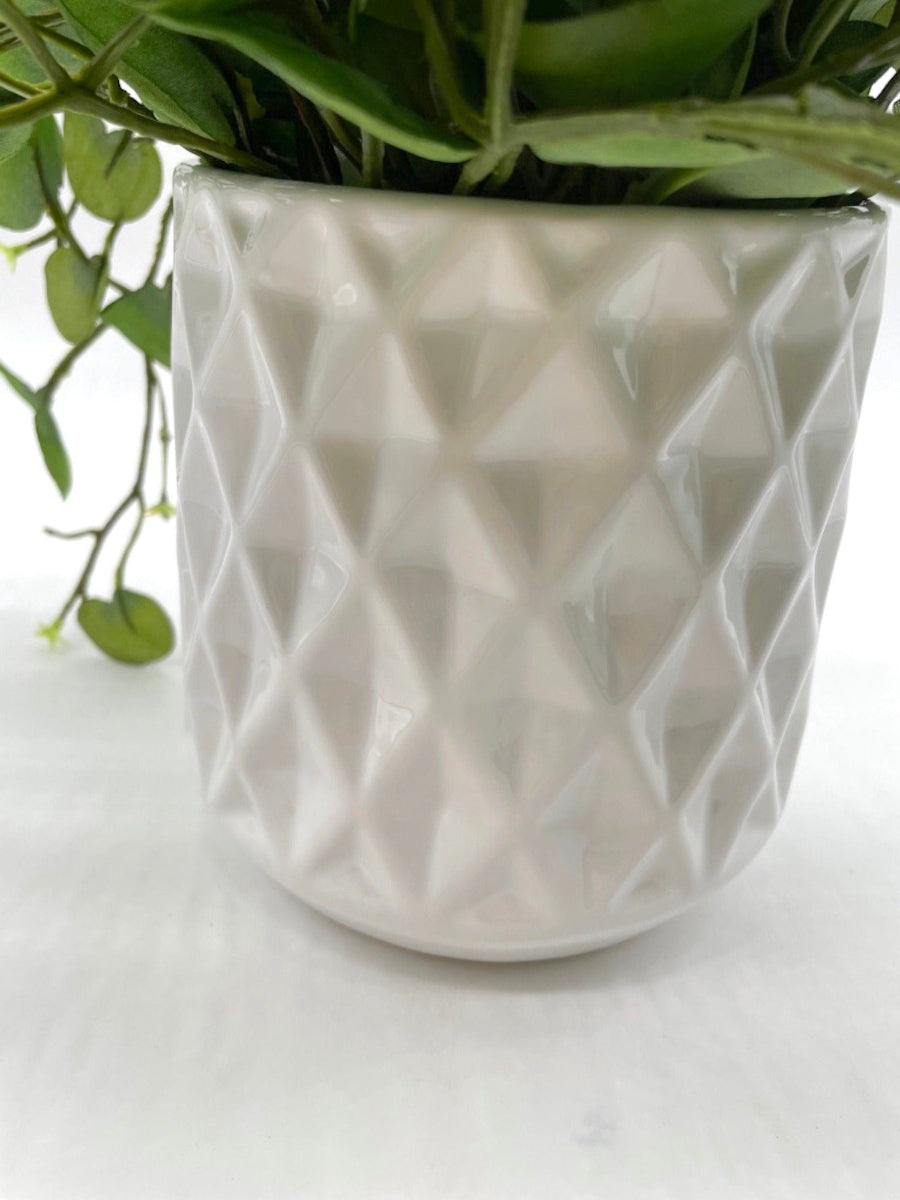 close up for white ceramic pot with diamond pattern