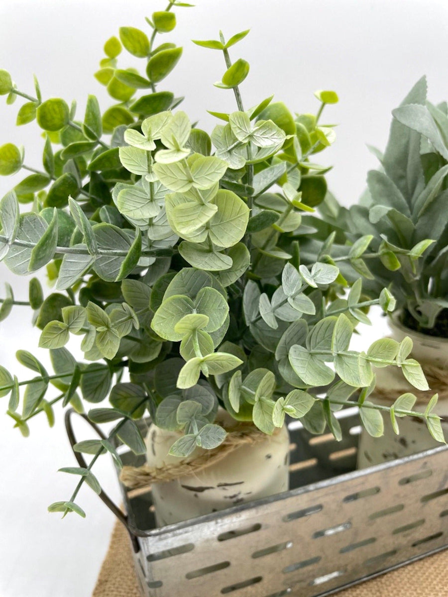 close up for eucalyptus  - faux Plants in Metal Basket tray with two glass bottle vases painted in ivory and distressed and decorated with jute