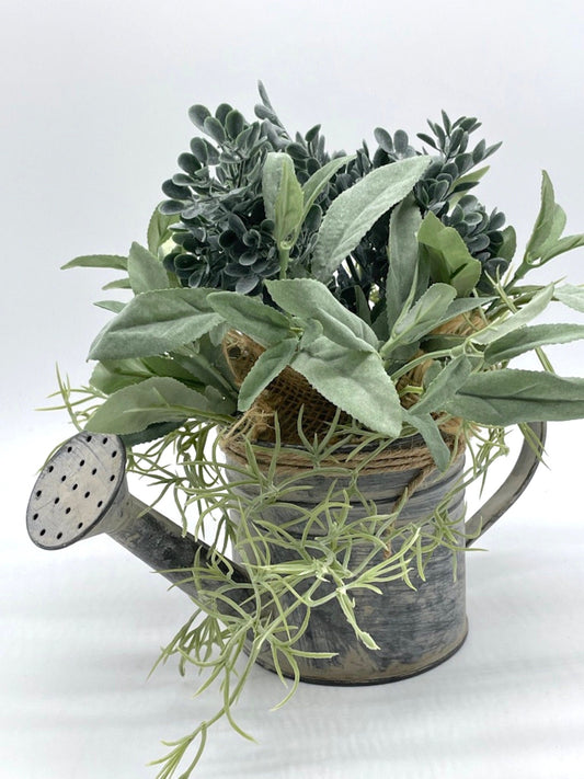 Greenery Arrangement in Metal Watering Can, Herb Decor for Kitchen Island