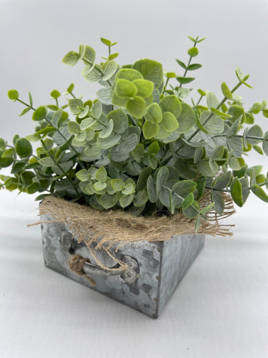 Faux Eucalyptus Arrangement, Fake Plants in Metal Drawer Planter