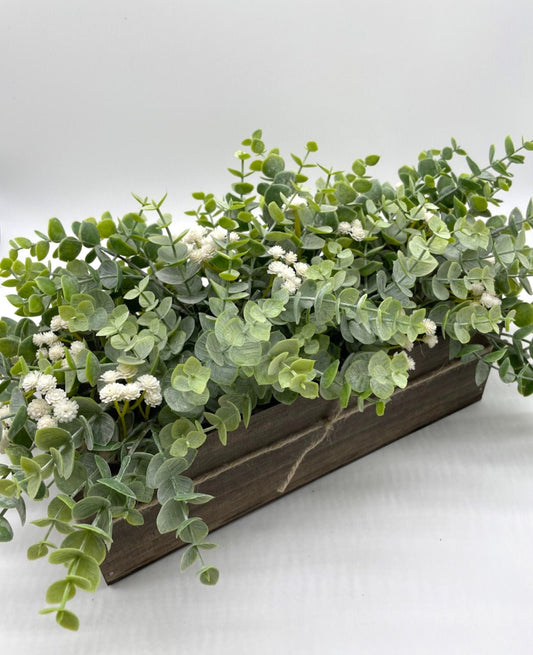 Faux Eucalyptus Centerpiece for Dining Table, Fake Plants Arrangement in Long Wooden Planter, Greenery Home Decor, Artificial Potted Plant