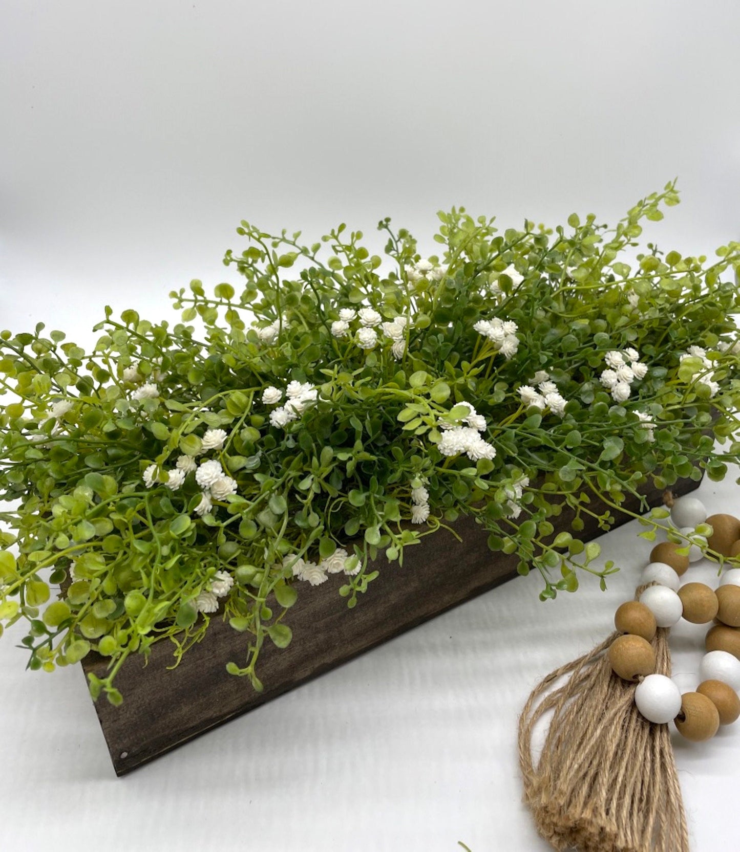 Silk Greenery Arrangement in Wooden Box, Farmhouse Fake Plants Centerpiece