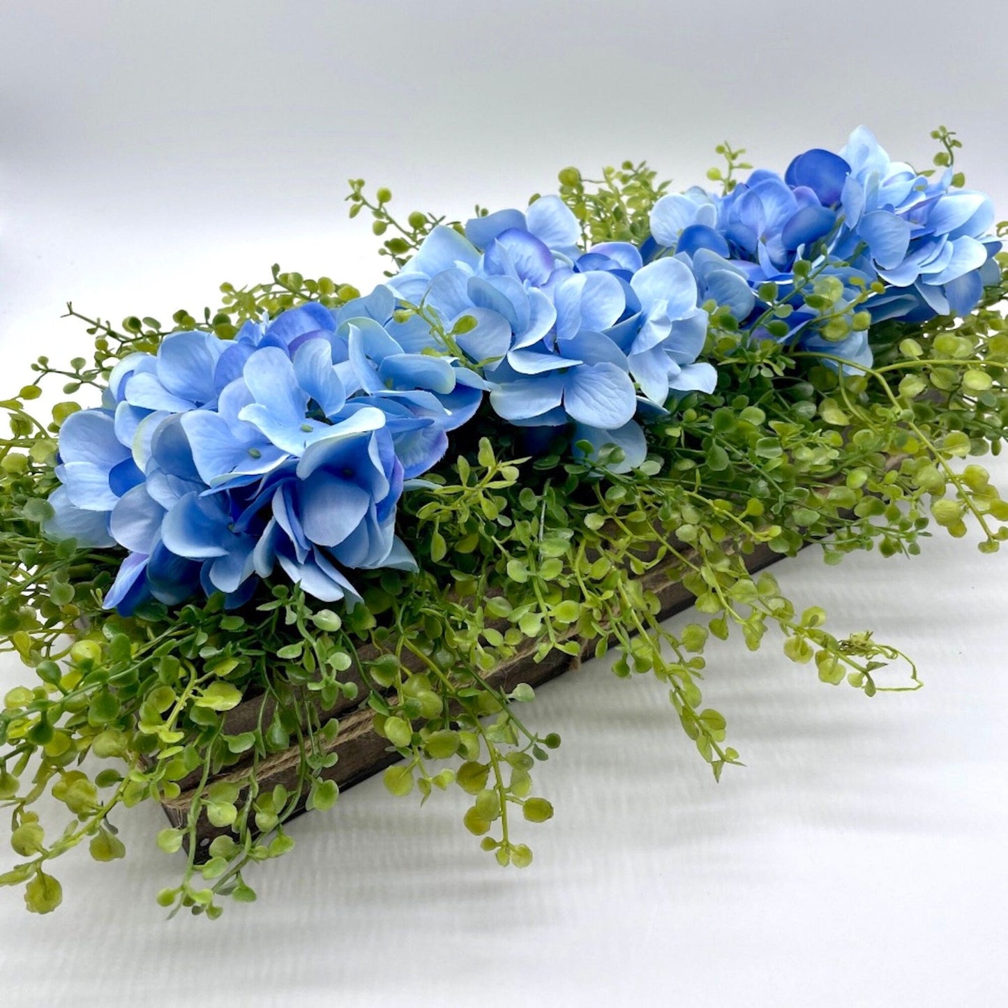 Spring Centerpiece for Dining Table, Easter Arrangement with Blue Hydrangea, Floral Farmhouse Decoration, Fake Flowers in Wooden Planter Box