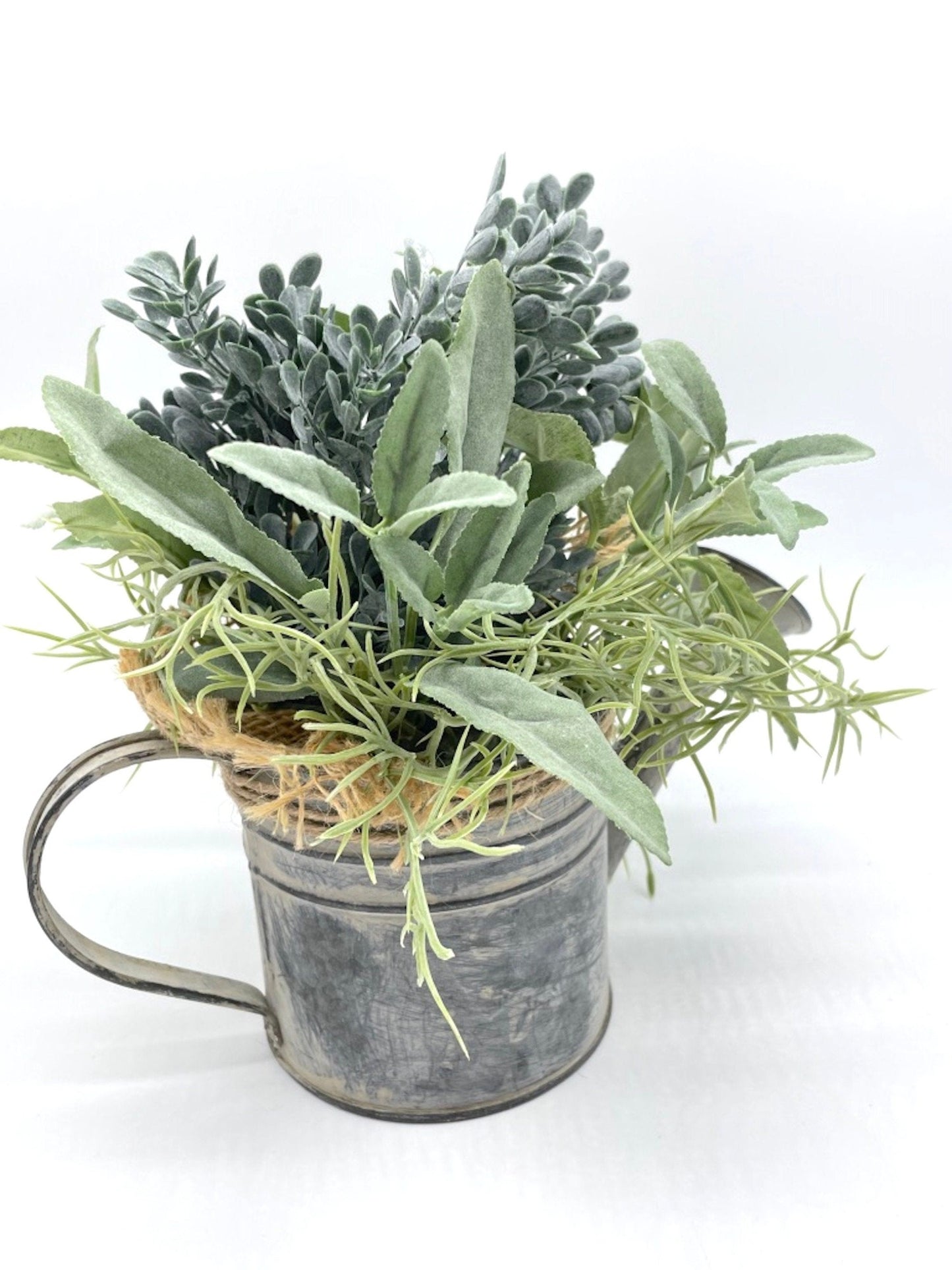 Greenery Arrangement in Metal Watering Can, Herb Decor for Kitchen Island