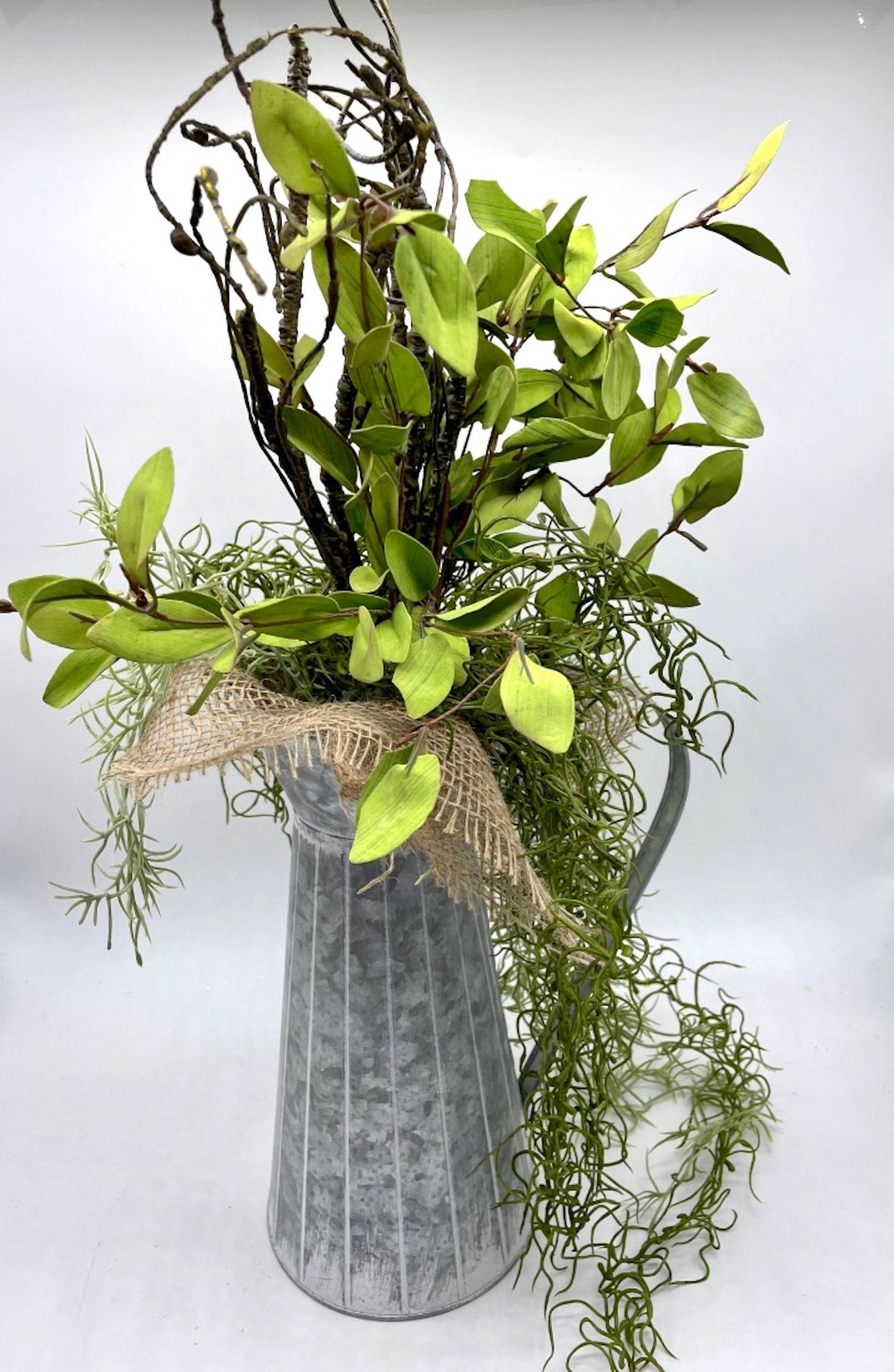 Tall Arrangement, Farmhouse Silk Greenery in Pitcher Vase for Mantel Shelf