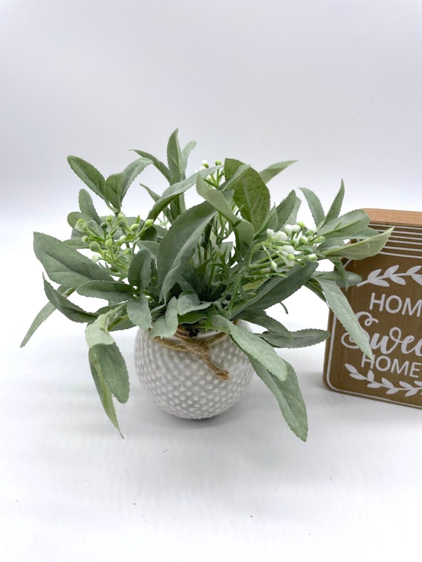 Sage Plant in White Ceramic Pot, Small Silk Arrangement Shelf and Table