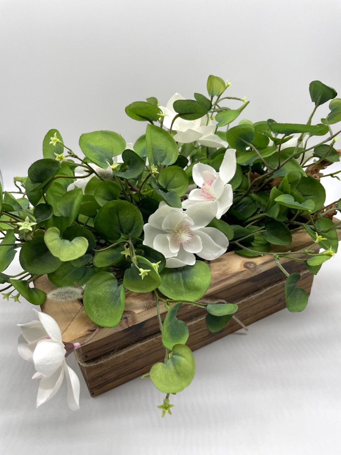 Greenery Box with White Magnolia Flowers, Modern Farmhouse Floral Centerpiece