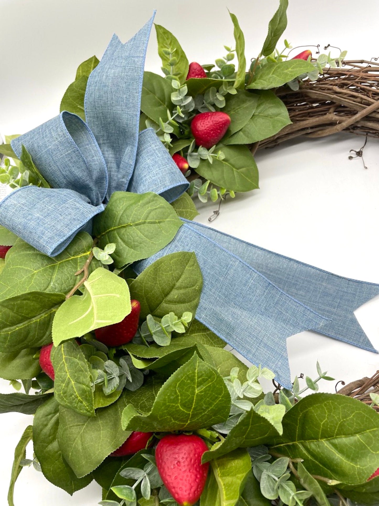 Strawberry Wreath with Periwinkle Bow, Summer Farmhouse Front Door Decor