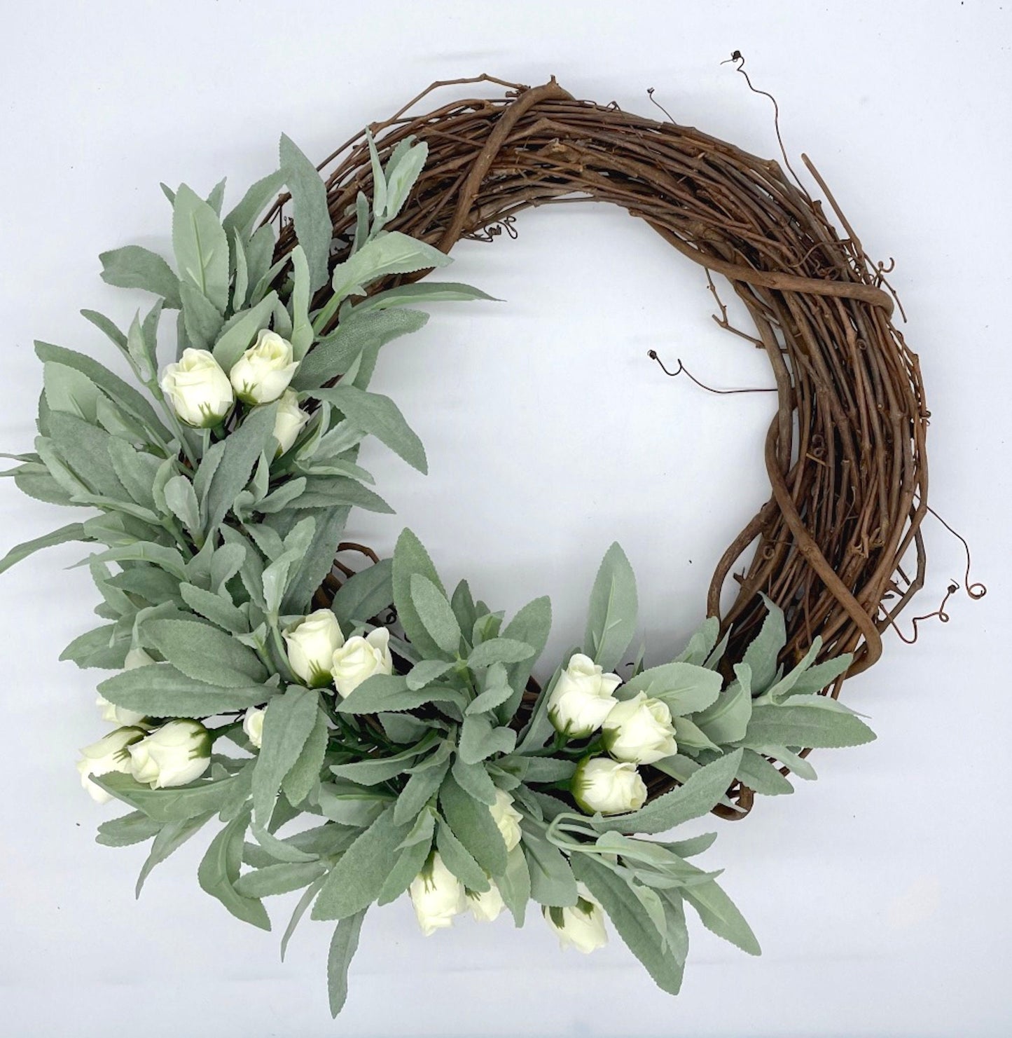 Sage Wreath with Ivory Roses, Greenery Front Door Decor, Elegant Wedding Decoration
