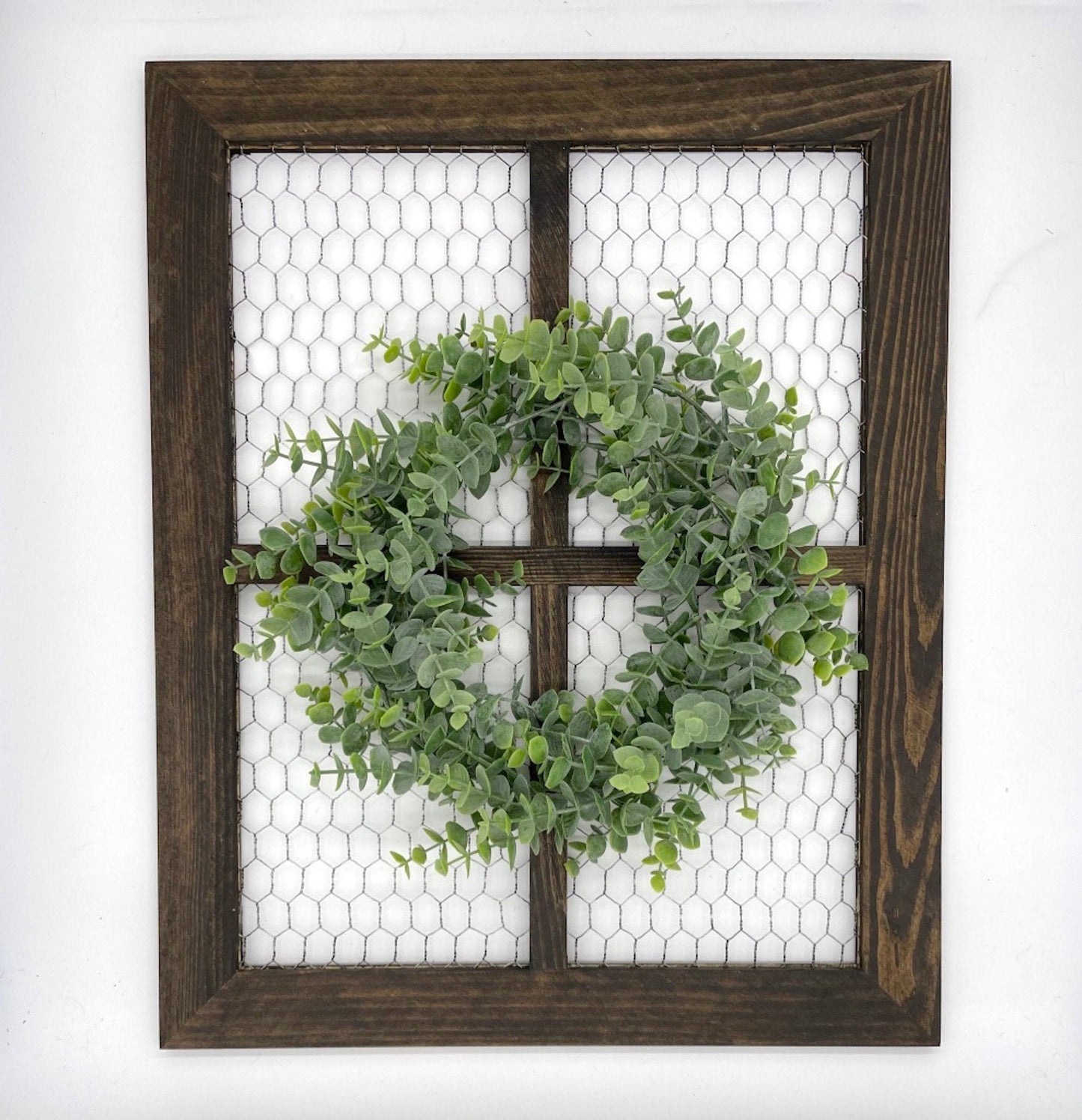 Chicken Wire Frame with Eucalyptus Wreath, Rustic Window Frame with Greenery