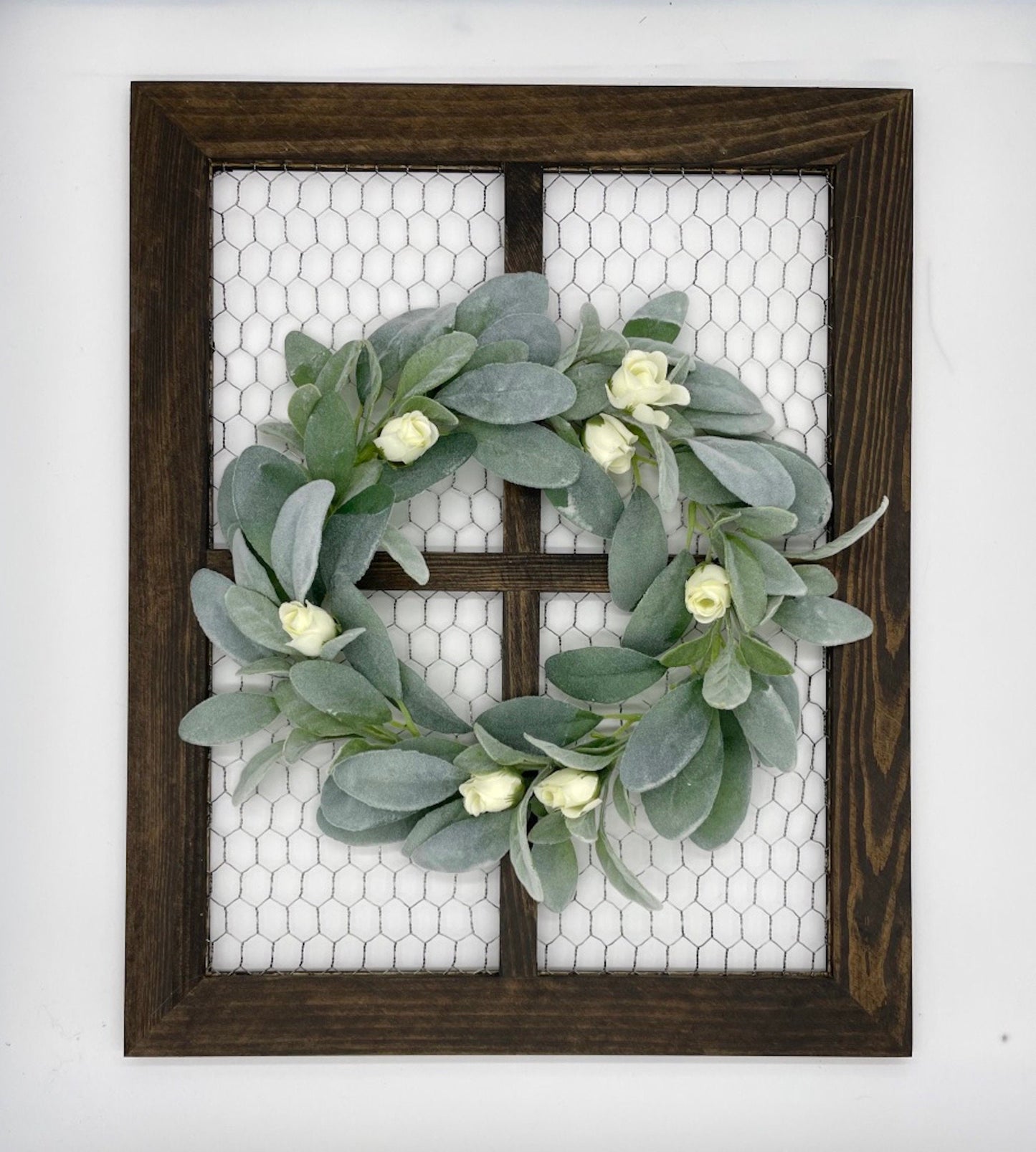 Wooden Window Frame with Lambs Ear Wreath, Farmhouse Chicken Wire Frame