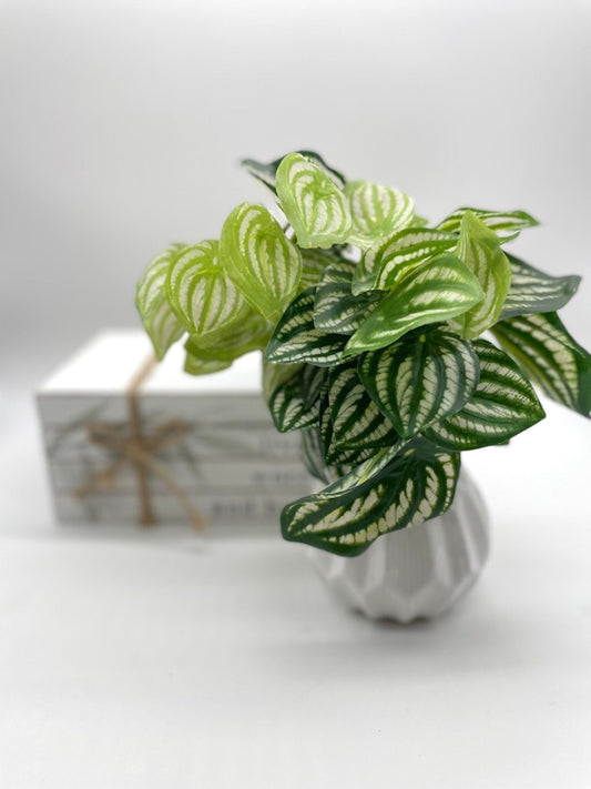 Fake Plants in White Geometric Vase, Elegant Silk Plant for Desk Table
