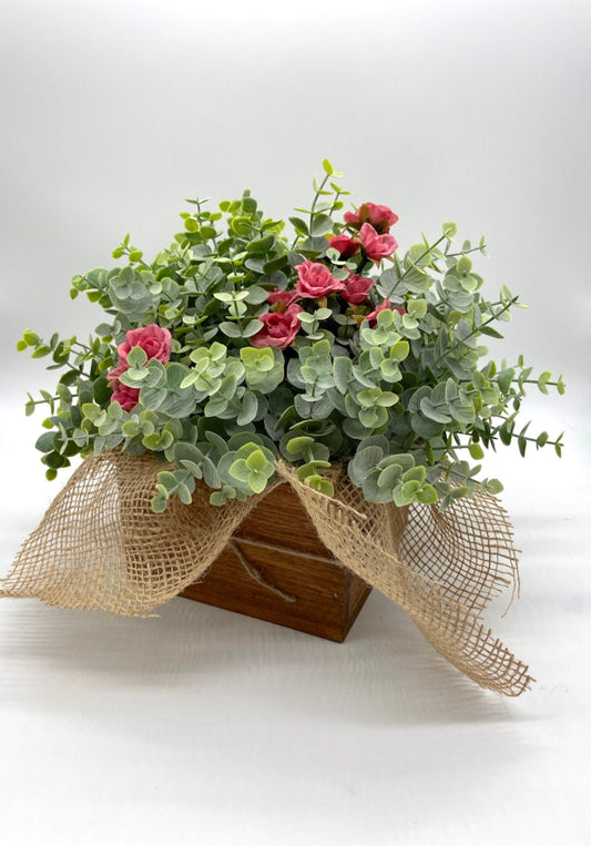 Faux Eucalyptus in Wooden Vase, Greenery Centerpiece in Farmhouse Planter, Rustic Arrangement for Dining Table, Everyday Bedroom Decor Idea