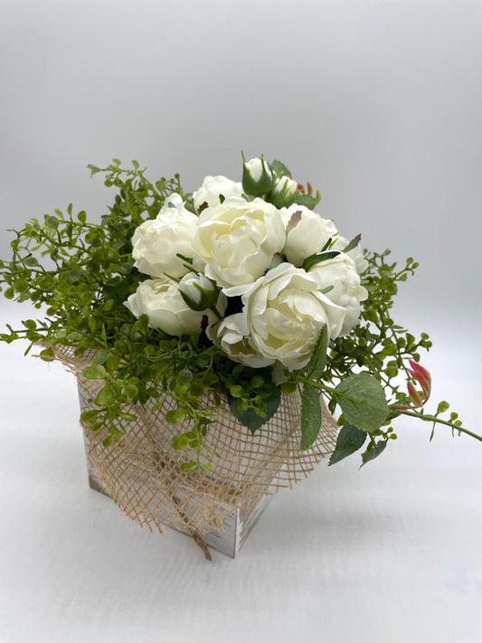 Fake Flower Centerpiece in Wooden Planter, Rustic Arrangement with Ivory Roses