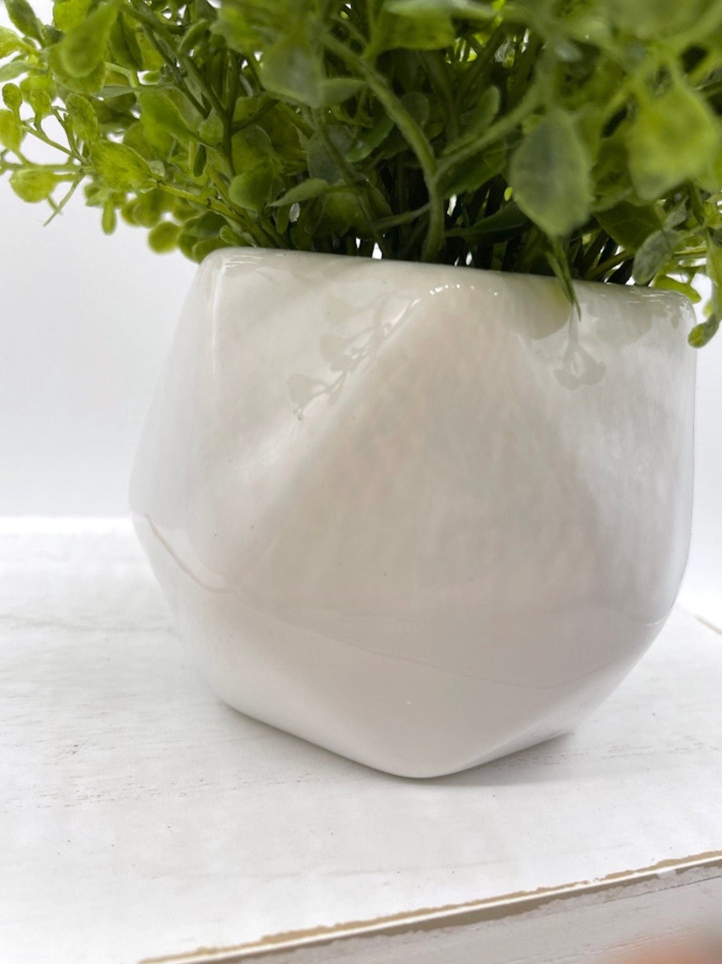 Small Silk Plant in White Ceramic Pot, Artificial Greenery for Shelf