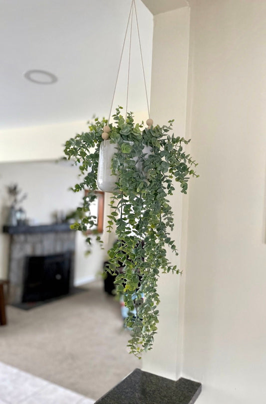 Hanging Plant in White Ceramic Pot, Faux Eucalyptus in Hanging Planter