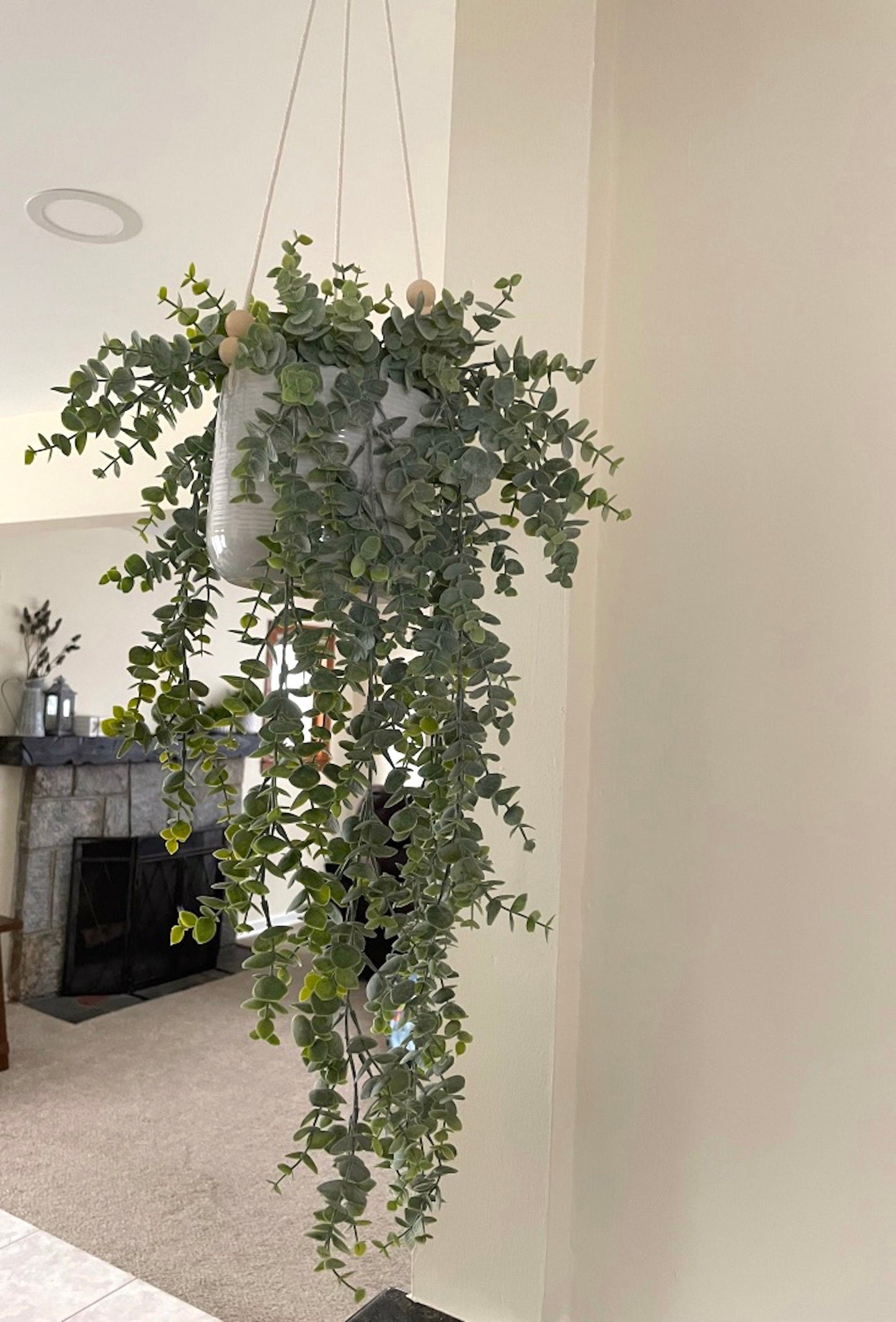 Hanging Plant in White Ceramic Pot, Faux Eucalyptus in Hanging Planter