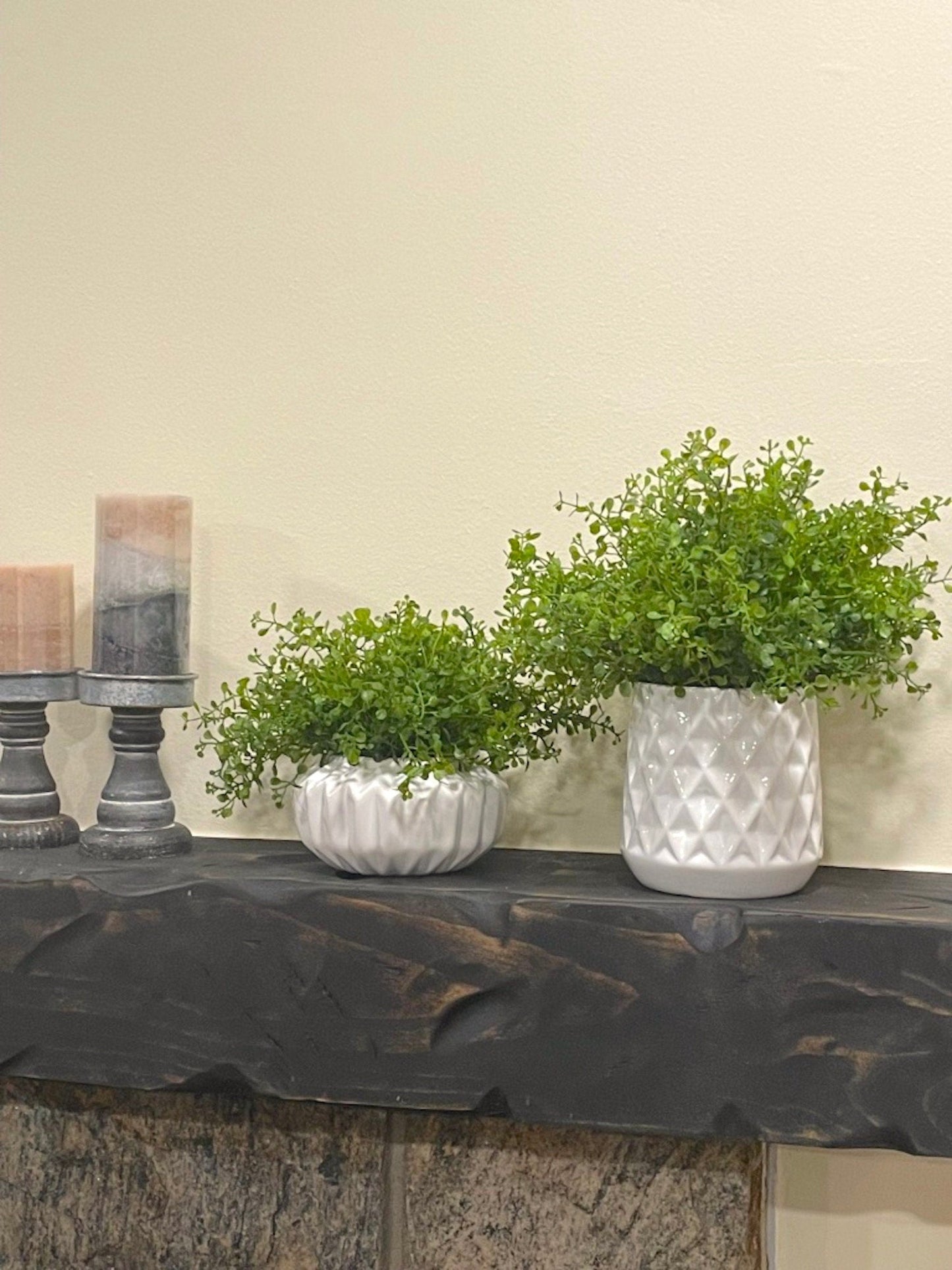 Fake Plant in White Ceramic Pot SET of 2, Silk Plants Mantel Shelf Decor