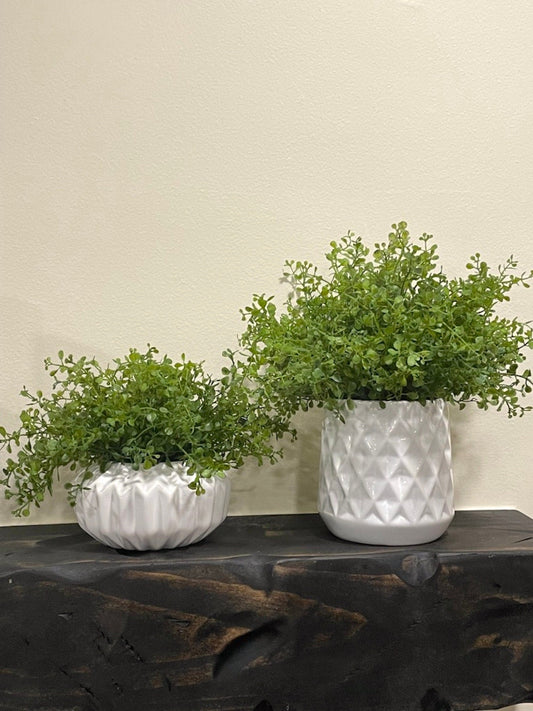 Fake Plant in White Ceramic Pot SET of 2, Silk Plants Mantel Shelf Decor
