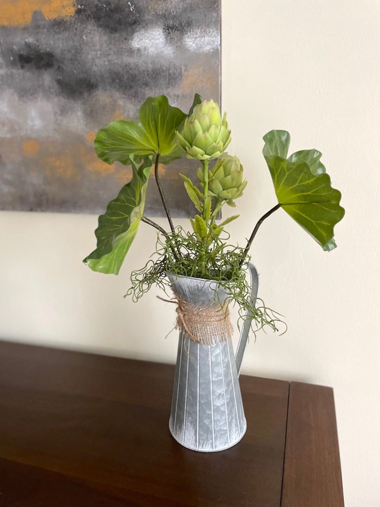 Tall Farmhouse Arrangement in Metal Pitcher Vase, Everyday Greenery Home Decor, by AllSeasonsHouseDecor