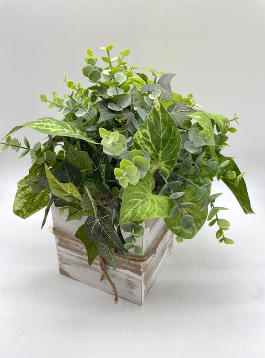 Greenery Centerpiece in Whitewashed Wooden Planter, Fake Plants Mix Pot, Farmhouse Artificial Plant Table Decor, Everyday Mantel Decoration