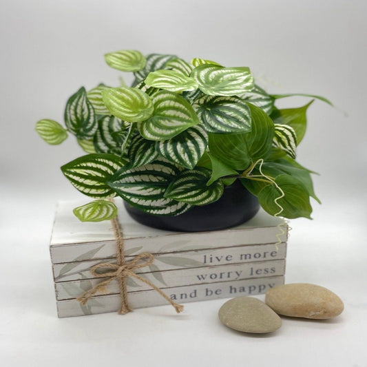 Silk Plants Mix in Black Ceramic Vase, Lifelike Greenery, Green and White-Green Leaves Plant Potted, Realistic Rare House Plants, Artificial Plants Idea for Coffee Table or Bathroom or Bedroom