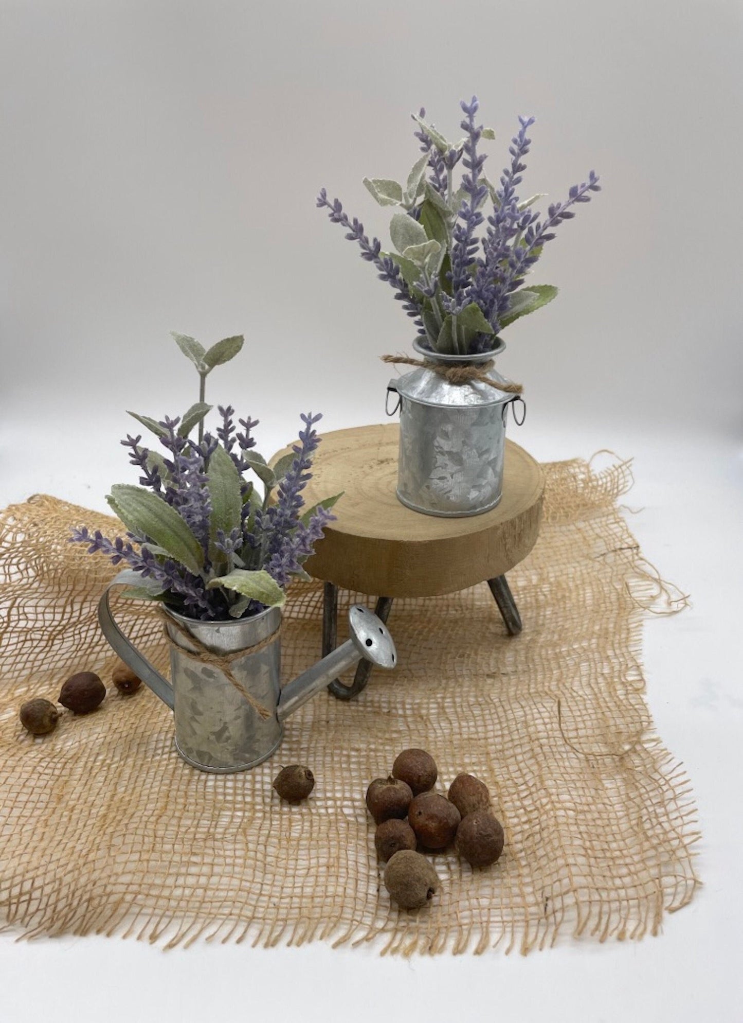 Mini Lavender Arrangement in Metal Vase Set of 2, Fake Plant Tiered Tray Rustic Decor