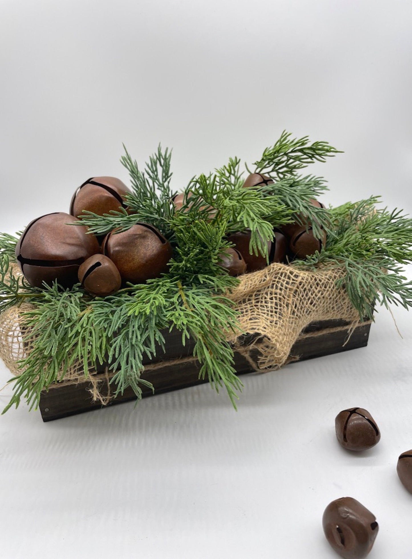 Rustic Christmas Centerpiece, Winter Arrangement with Metal Bells, Holiday Decor