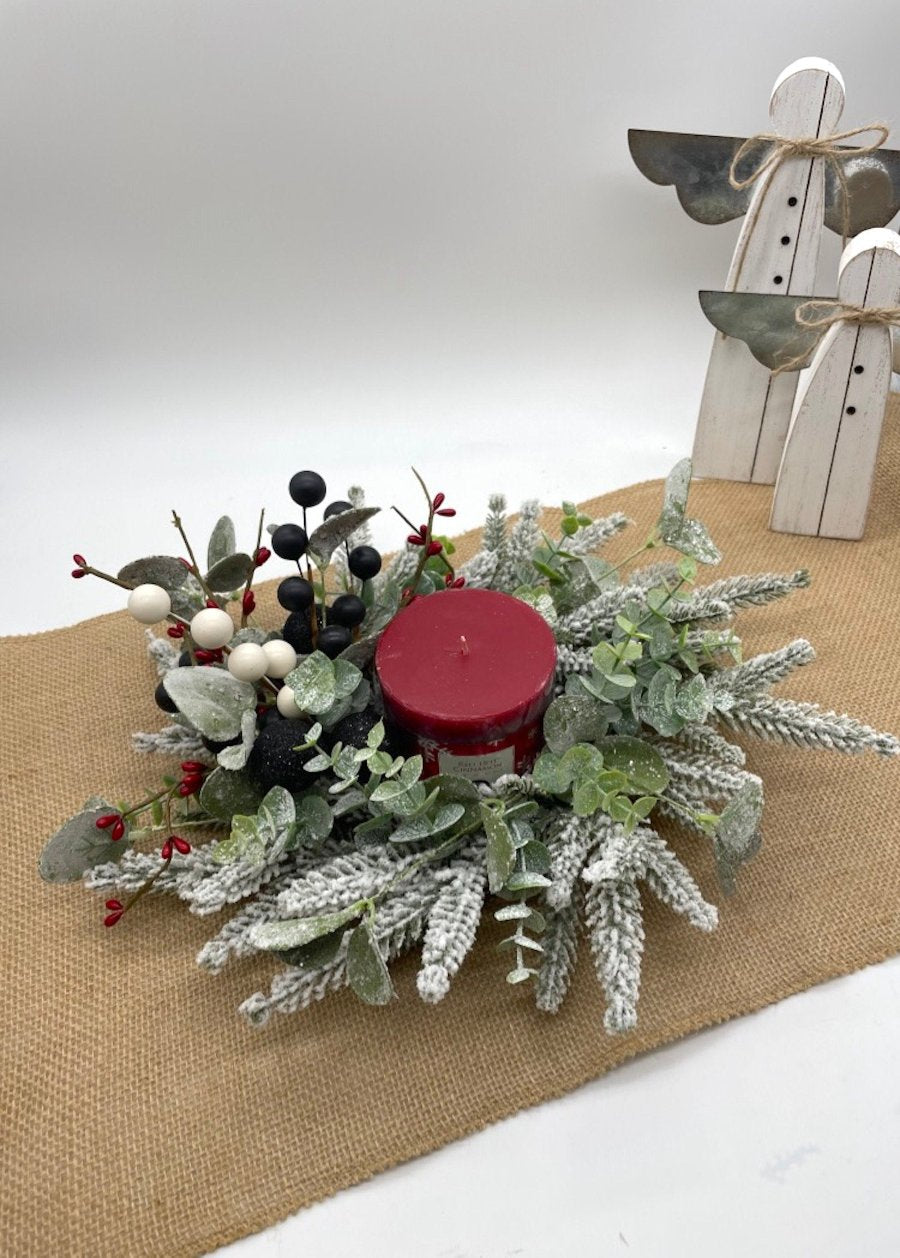 Christmas Table Wreath with Candle, Small Winter Evergreen Holiday Decoration, by AllSeasonsHouseDecor