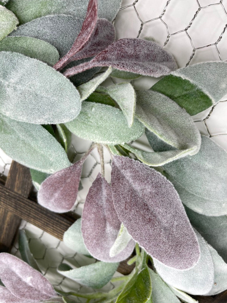 chicken wire frame stained in expresso color wih lush lambs ear wreath in dusty green and burgundy color