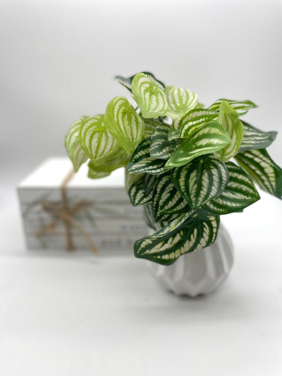 Fake Plants with leaves in green and white stripes in White Geometric Vase