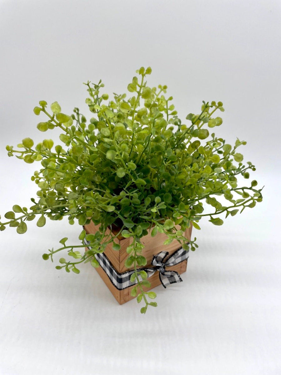 Faux Greenery in Rustic Wooden Planter, Fake Plants Home Decor